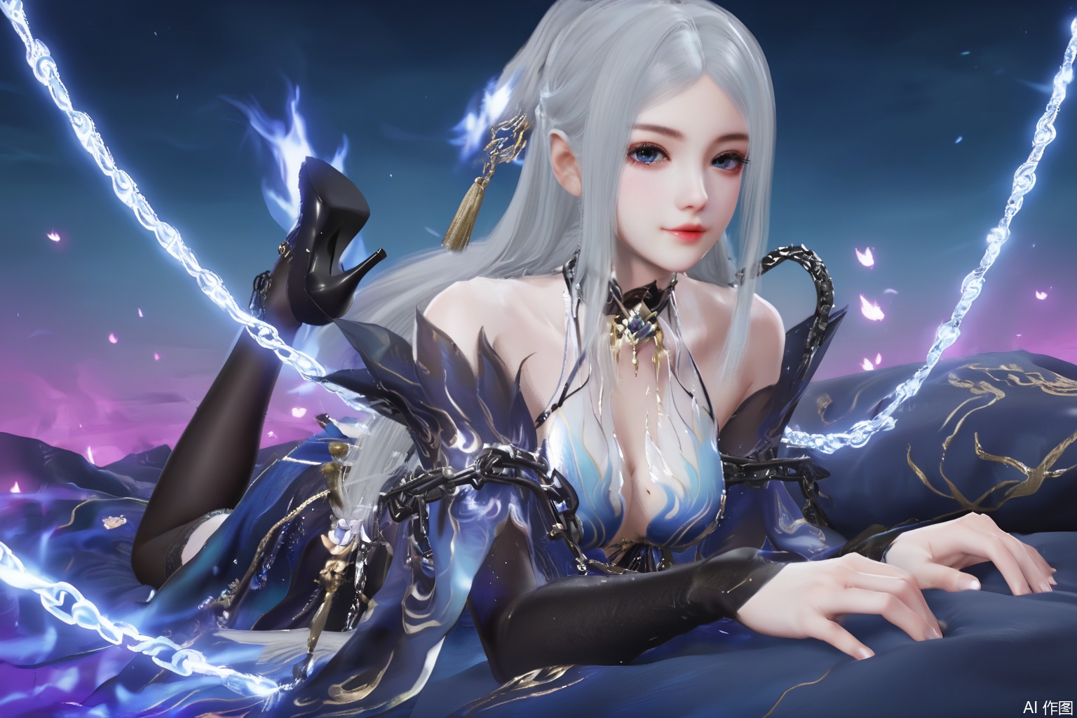 masterpiece, best quality, masterpiece,best quality,official art,extremely detailed CG unity 8k wallpaper,1girl,solo,long hair,breasts,looking at viewer,blue eyes,dress,bare shoulders,white hair,detached sleeves,grey eyes,blue dress,sakura,Cherry Blossoms,chain,day,chain,high heels,black footwear,black thighhighs,flame,fiery background,on stomach,bed,white theme,pov hands