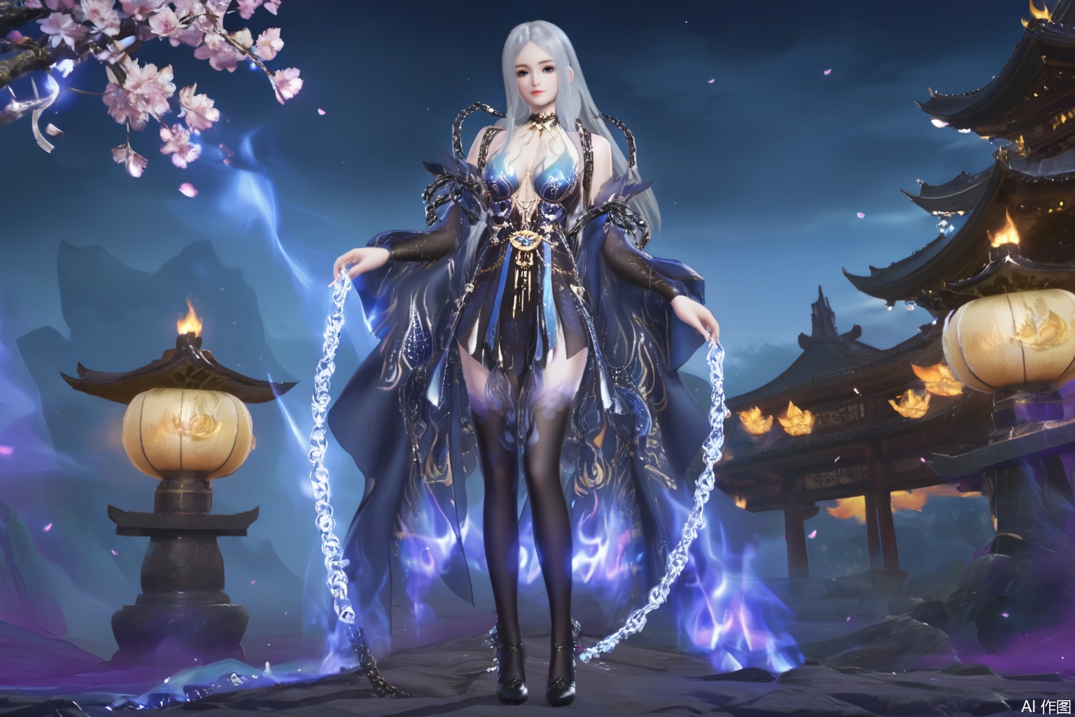 masterpiece, best quality, masterpiece,best quality,official art,extremely detailed CG unity 8k wallpaper,1girl,solo,long hair,breasts,looking at viewer,blue eyes,dress,bare shoulders,white hair,detached sleeves,grey eyes,blue dress,sakura,Cherry Blossoms,chain,day,chain,high heels,black footwear,black thighhighs,flame,fiery background