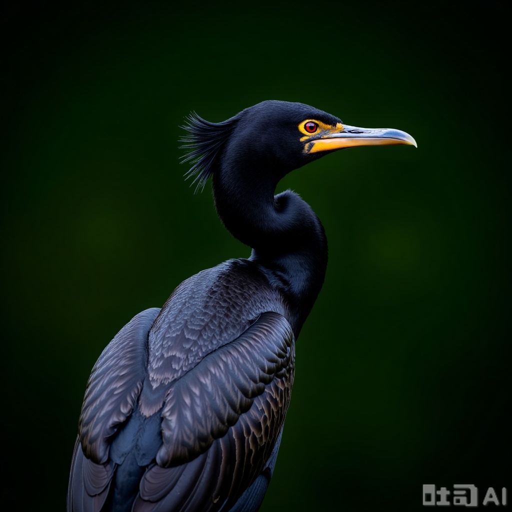 A photograph of a black cormorant with striking orange eyes and a distinctive tuft of feathers on its head. The bird's glossy, wet feathers glisten against a blurred dark green background, emphasizing its sleek, streamlined body and sharp beak. The image captures the bird's intense gaze and intricate feather details.