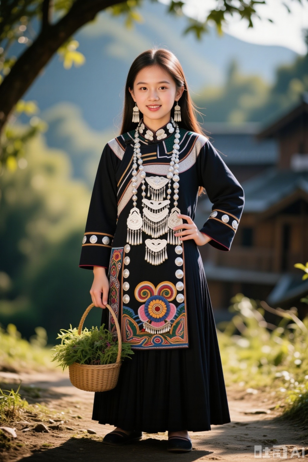 A young 20-year-old Miao ethnic group girl standing in a traditional dress, with intricate silver jewelry adorning her. The scene is set in a mountainous region, with lush greenery and traditional wooden houses in the background. Soft sunlight filters through the trees, casting dappled shadows on the ground. She stands with one hand on her hip, smiling warmly, while the other hand holds a small basket filled with local herbs.