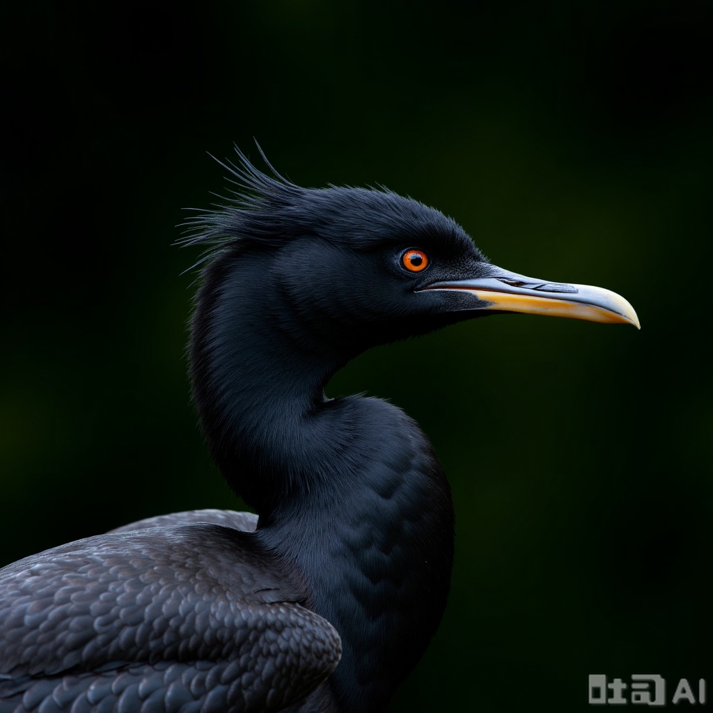 A photograph of a black cormorant with striking orange eyes and a distinctive tuft of feathers on its head. The bird's glossy, wet feathers glisten against a blurred dark green background, emphasizing its sleek, streamlined body and sharp beak. The image captures the bird's intense gaze and intricate feather details.
