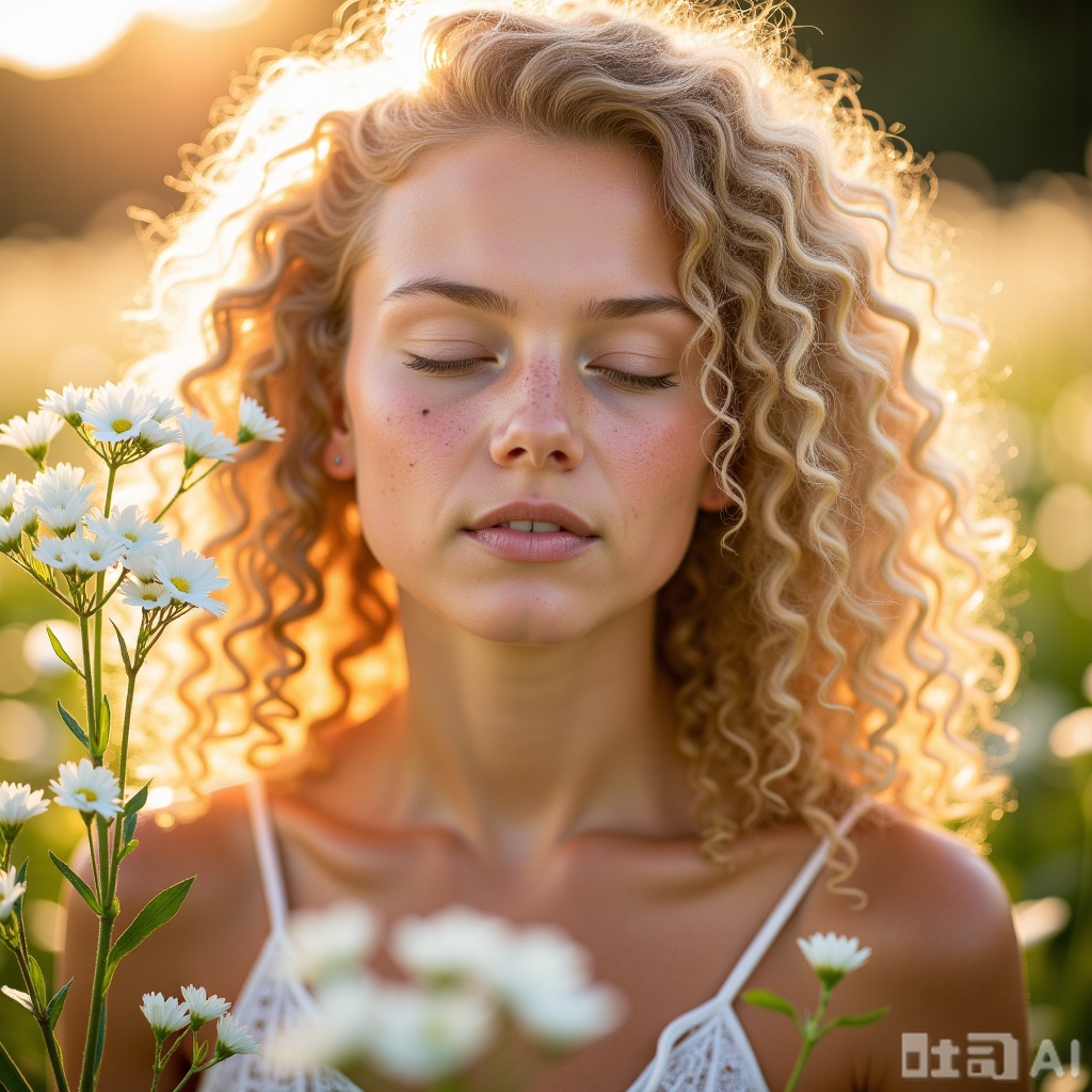 A photograph of a young woman with fair skin and curly blonde hair, closed eyes, and freckles on her cheeks. She is surrounded by white wildflowers, bathed in warm, golden sunlight. Her expression is serene and contemplative. The background is softly blurred, emphasizing her peaceful, ethereal beauty.,High-definition picture quality