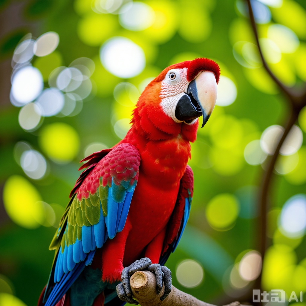 A vibrant photograph of a Scarlet Macaw perched on a branch. The bird's striking red feathers contrast with its blue and white facial markings. The background is a lush, blurred green forest, with sunlight filtering through leaves, creating a serene, tropical ambiance. The macaw's vivid colors and detailed plumage are sharply focused, highlighting its beauty.