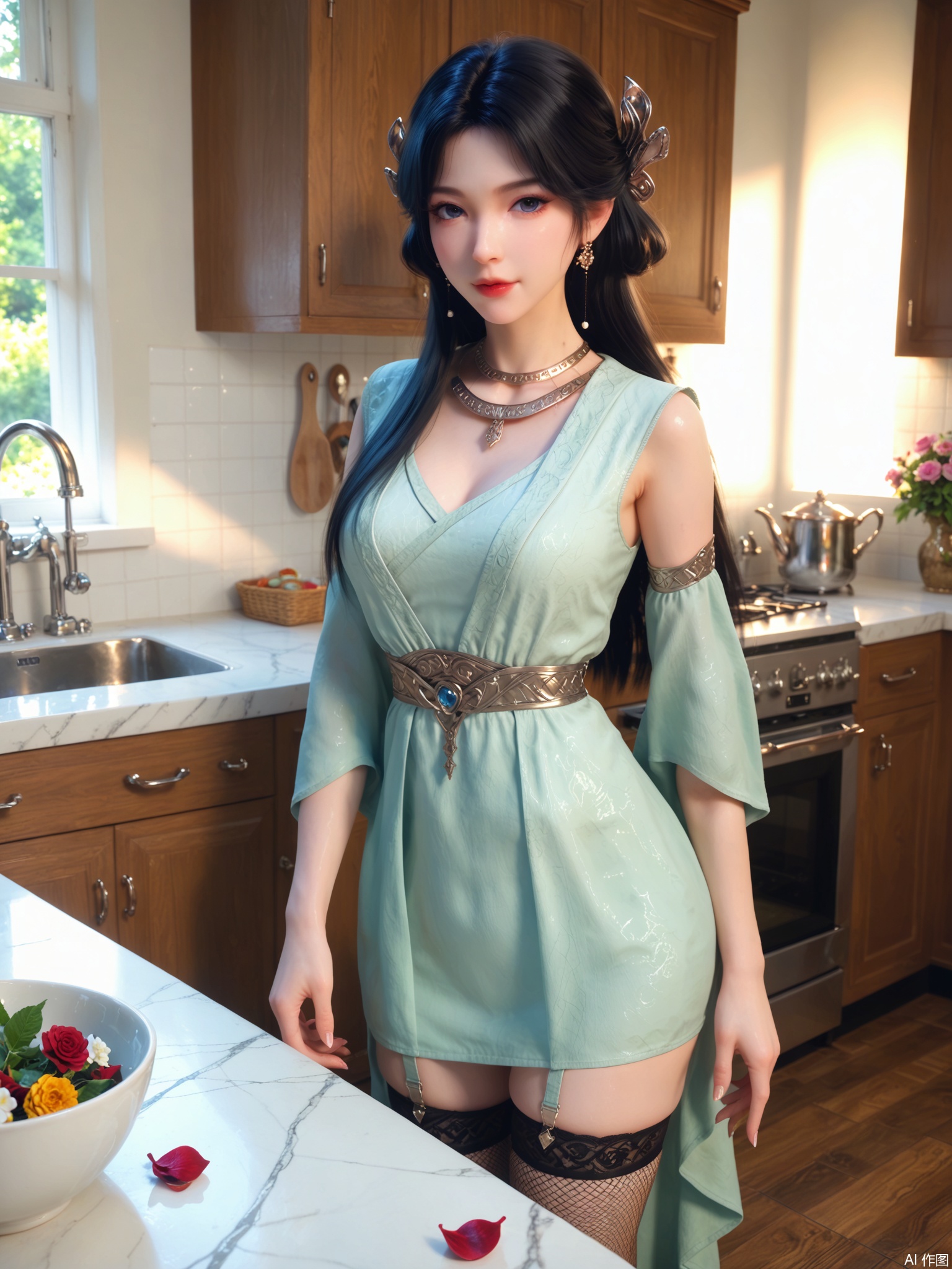 score_9,score_8_up,score_7_up,1girl,looking_at_viewer,realistic,1girl,Vivid Colors,bright environment,sunshine,god light,delicate water,hair_ornament,shiny skin,shiny hair,reflection,(wariza:1.2),dress,jewelry,flower sea,falling petals,extreme detail description,bright sunlight,frontal lighting,(upper body:1),put one hand on your side,kitchen,kitchen,long_hair,(skindentation:1.3),Fishnet stockings,black hair,bright