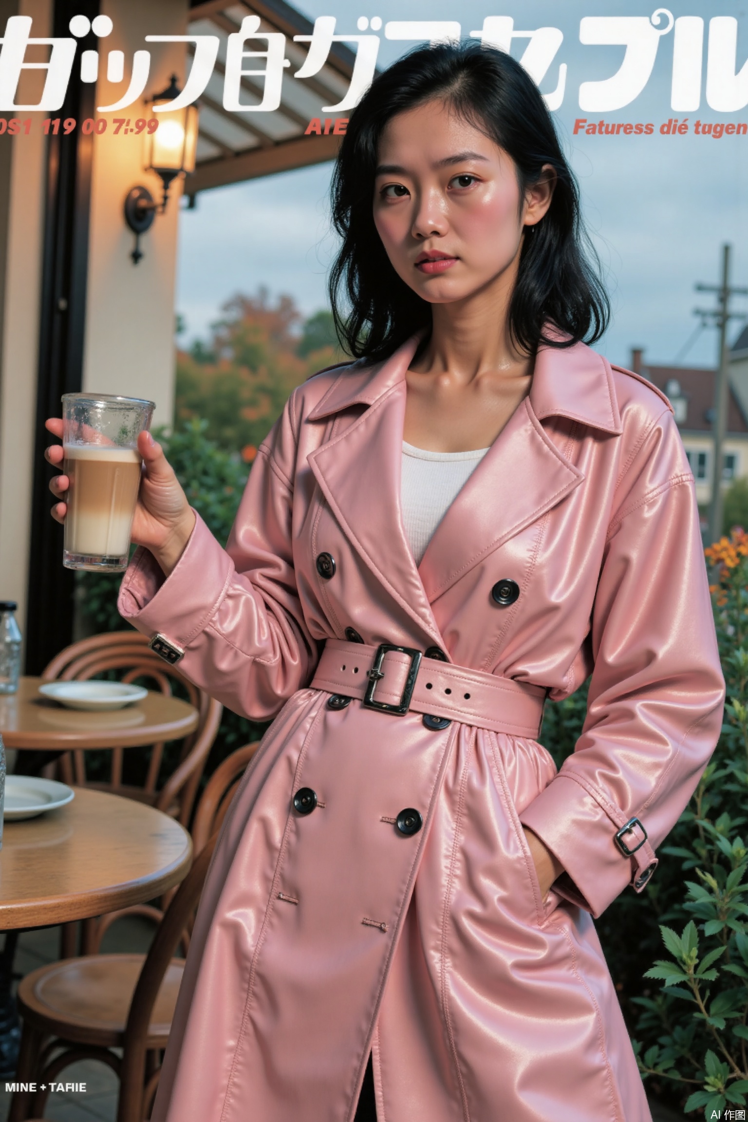1 girl,beret,trench coat,latte,outdoor café,overcast sky,autumn,elegant pose masterpiece,best quality,premium quality,highly aesthetic,absurd,detailed eyes,latest,pink retro anime,vintage art,80's