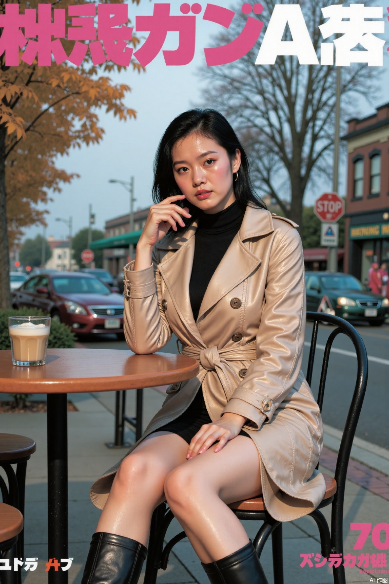 1 girl,beret,trench coat,latte,outdoor café,overcast sky,autumn,elegant pose masterpiece,best quality,premium quality,highly aesthetic,absurd,detailed eyes,latest,pink retro anime,vintage art,80's