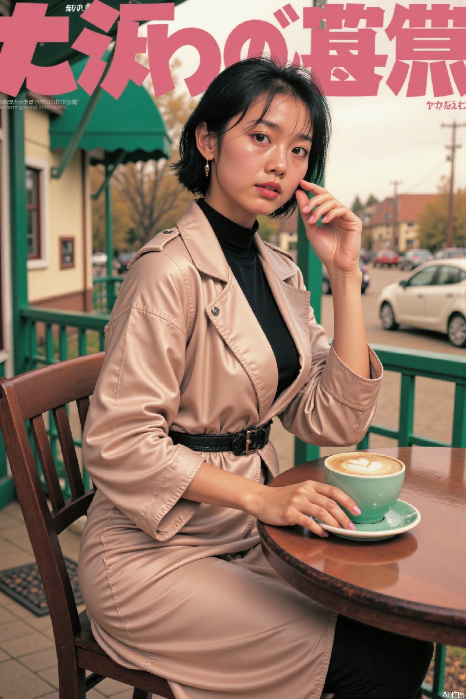 1 girl,beret,trench coat,latte,outdoor café,overcast sky,autumn,elegant pose masterpiece,best quality,premium quality,highly aesthetic,absurd,detailed eyes,latest,pink retro anime,vintage art,
