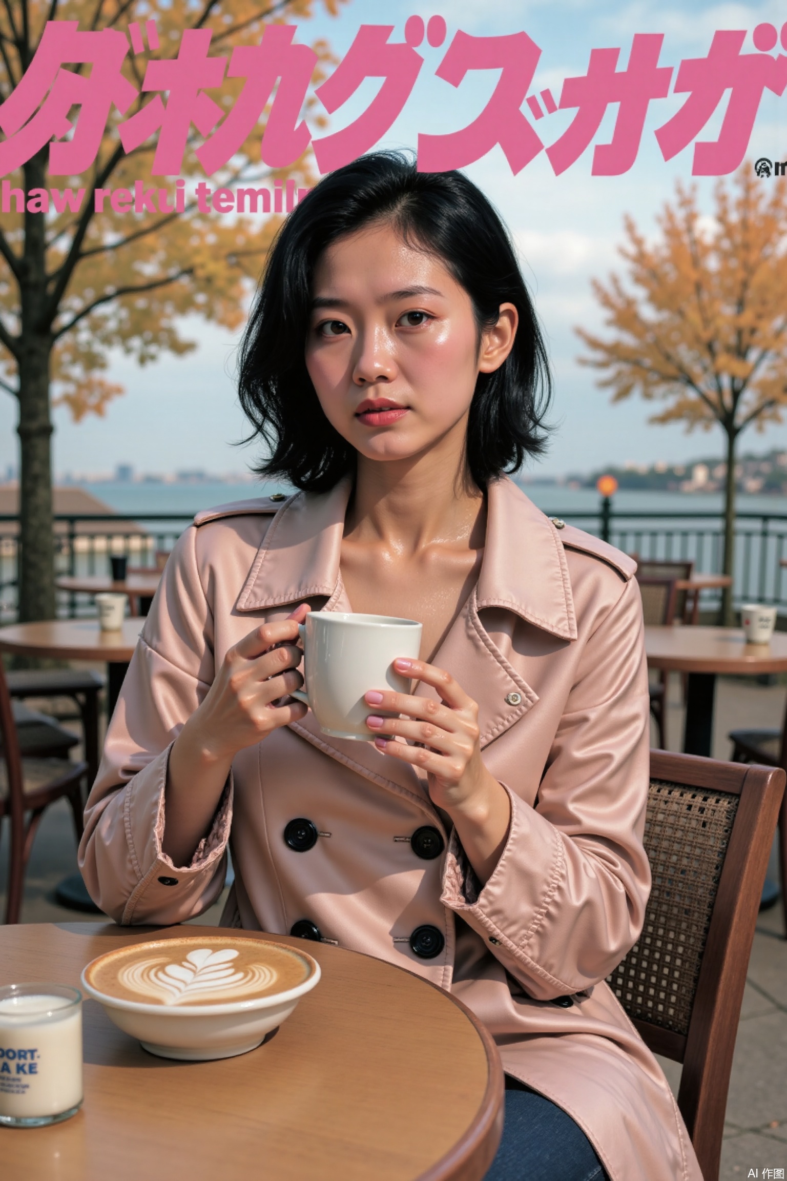 1 girl,beret,trench coat,latte,outdoor café,overcast sky,autumn,elegant pose masterpiece,best quality,premium quality,highly aesthetic,absurd,detailed eyes,latest,pink retro anime,vintage art,80's