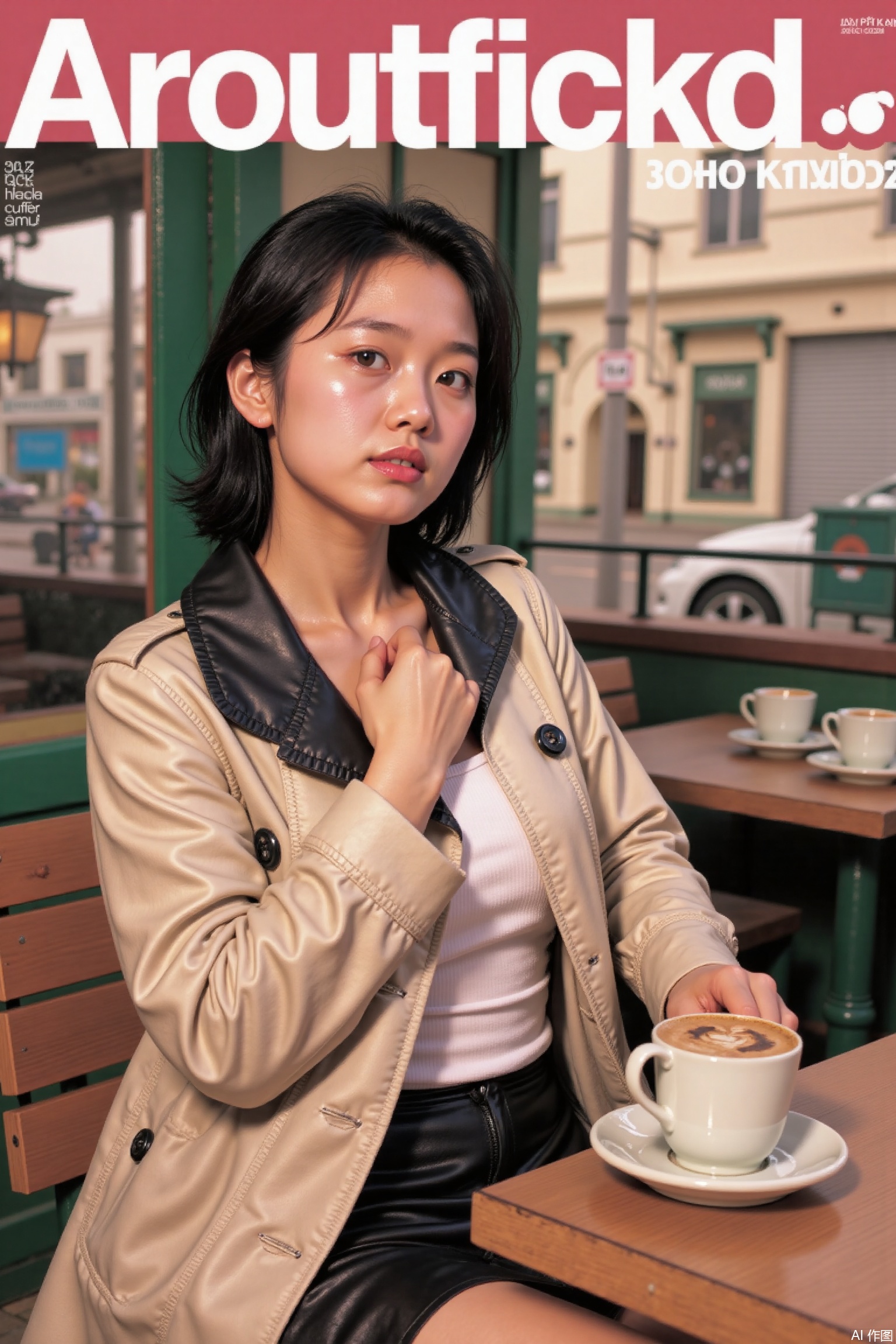 1 girl,beret,trench coat,latte,outdoor café,overcast sky,autumn,elegant pose masterpiece,best quality,premium quality,highly aesthetic,absurd,detailed eyes,latest,pink retro anime,vintage art,80's