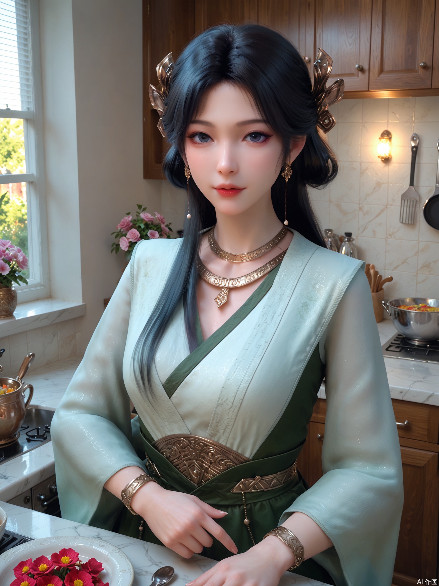 score_9,score_8_up,score_7_up,1girl,looking_at_viewer,realistic,1girl,Vivid Colors,bright environment,delicate water,hair_ornament,shiny skin,shiny hair,reflection,(wariza:1.2),dress,jewelry,flower sea,falling petals,extreme detail description,(upper body:1),put one hand on your side,kitchen,kitchen,long_hair,(skindentation:1.3),Fishnet stockings,black hair,