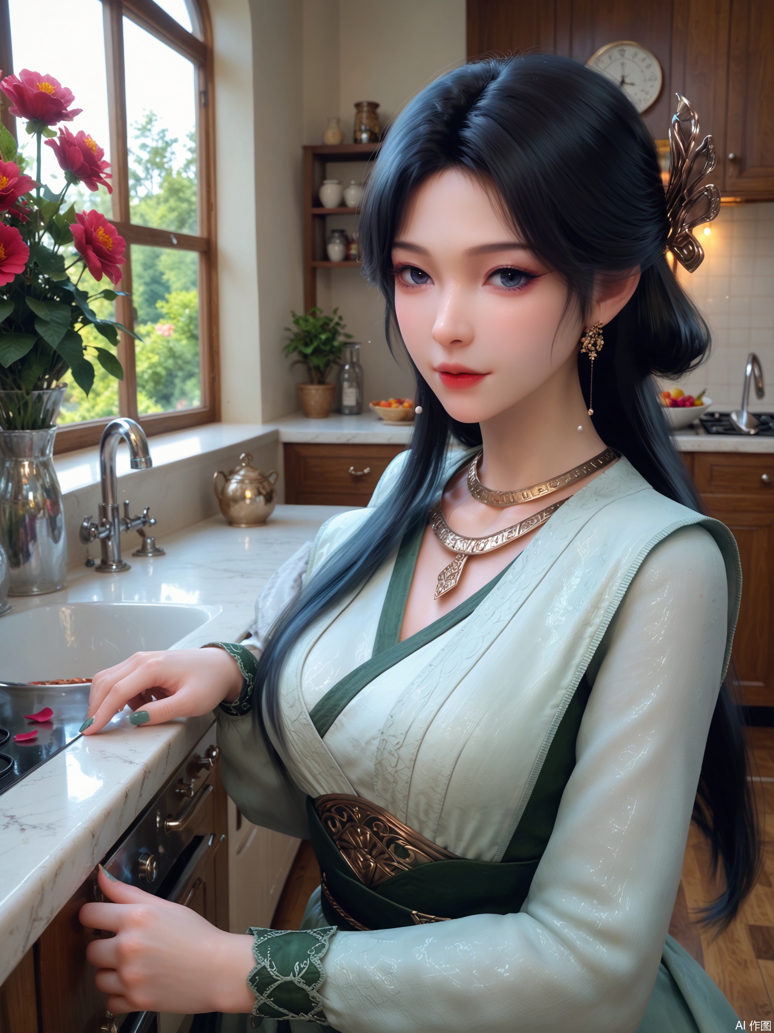 score_9,score_8_up,score_7_up,1girl,looking_at_viewer,realistic,1girl,Vivid Colors,bright environment,delicate water,hair_ornament,shiny skin,shiny hair,reflection,(wariza:1.2),dress,jewelry,flower sea,falling petals,extreme detail description,(upper body:1),put one hand on your side,kitchen,kitchen,long_hair,(skindentation:1.3),Fishnet stockings,black hair,