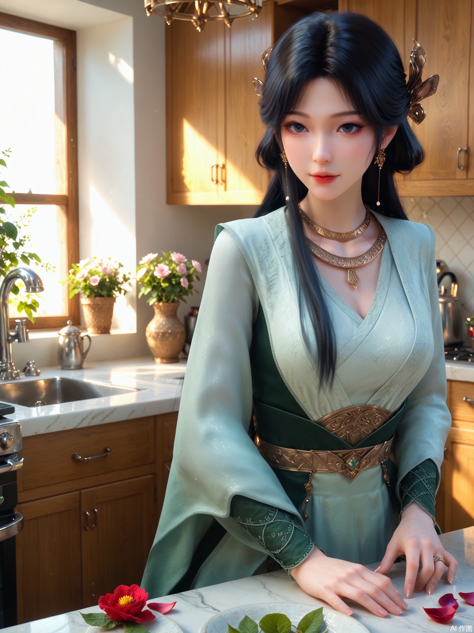 score_9,score_8_up,score_7_up,1girl,looking_at_viewer,realistic,1girl,Vivid Colors,bright environment,sunshine,god light,delicate water,hair_ornament,shiny skin,shiny hair,reflection,(wariza:1.2),dress,jewelry,flower sea,falling petals,extreme detail description,bright sunlight,frontal lighting,(upper body:1),put one hand on your side,kitchen,kitchen,long_hair,(skindentation:1.3),Fishnet stockings,black hair,bright