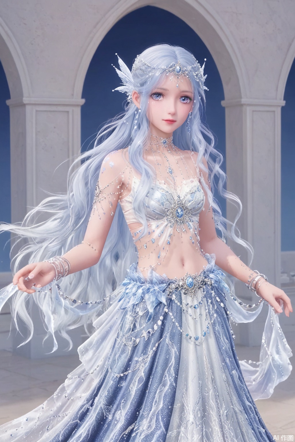 1girl,long hair,solo,jewelry,blue eyes,navel,bracelet,long skirt,upper body,midriff,white hair,skirt,dress,