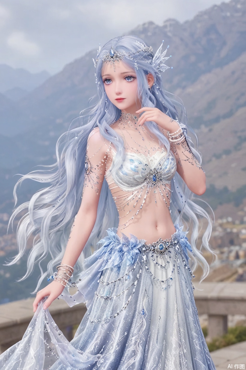 1girl,long hair,solo,jewelry,blue eyes,navel,bracelet,long skirt,upper body,midriff,white hair,skirt,dress,