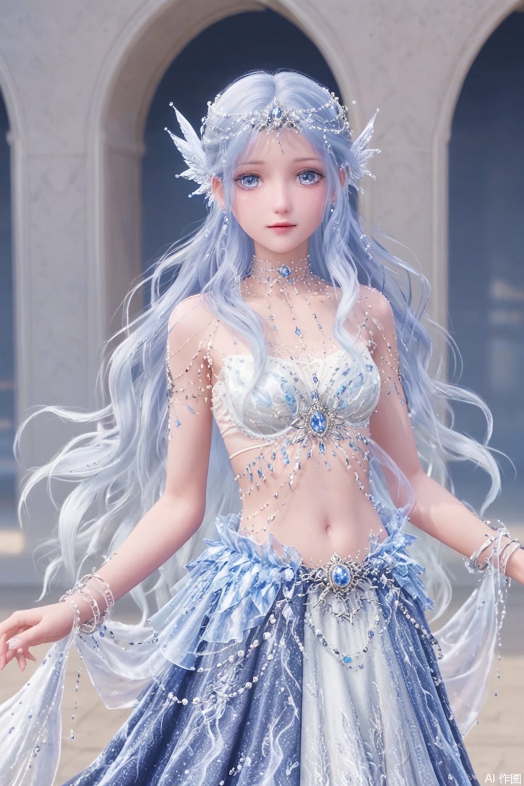 1girl,long hair,solo,jewelry,blue eyes,navel,bracelet,long skirt,upper body,midriff,white hair,skirt,dress,