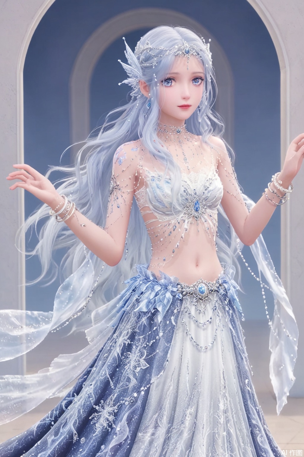 1girl,long hair,solo,jewelry,blue eyes,navel,bracelet,long skirt,upper body,midriff,white hair,skirt,dress,