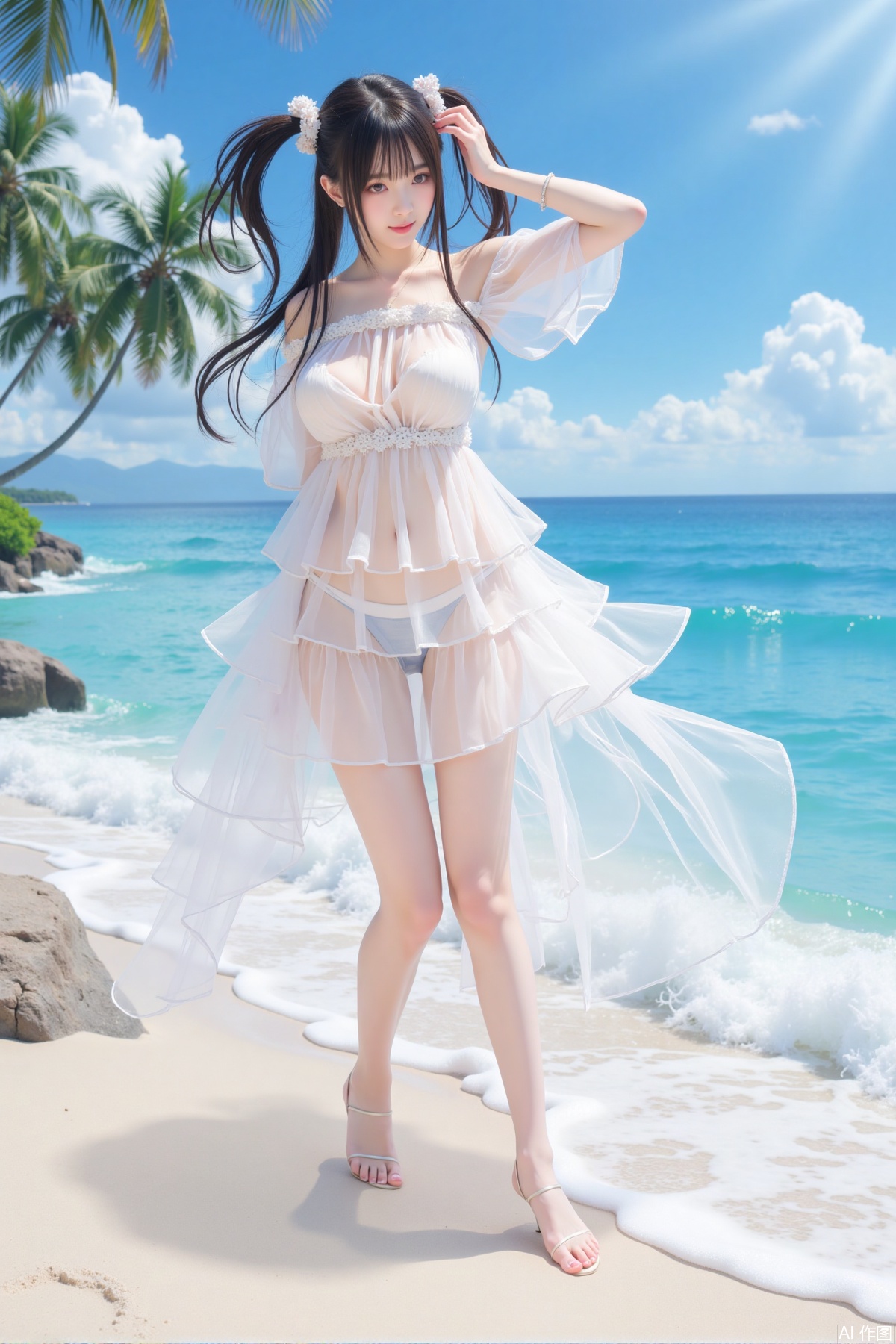 Realistic photo, one young woman, twintails, fair skin, big breast, transparent triple layered dress, long legs, high heels, full body, waves, beach, coconut trees,