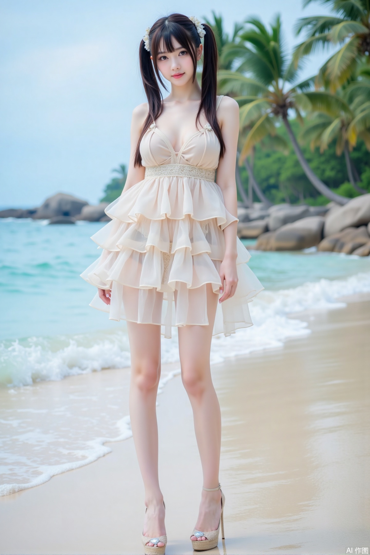 Realistic photo, one young woman, twintails, fair skin, big breast, transparent triple layered dress, long legs, high heels, full body, waves, beach, coconut trees,