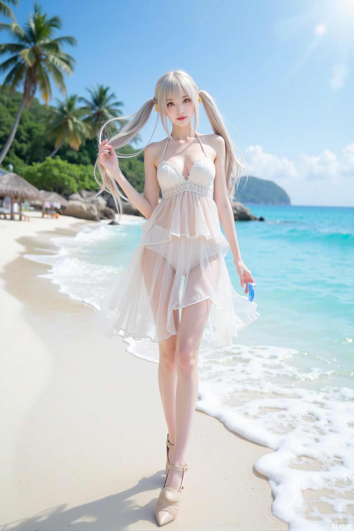 Realistic photo, one young woman, twintails, fair skin, big breast, transparent triple layered dress, long legs, high heels, full body, waves, beach, coconut trees,
