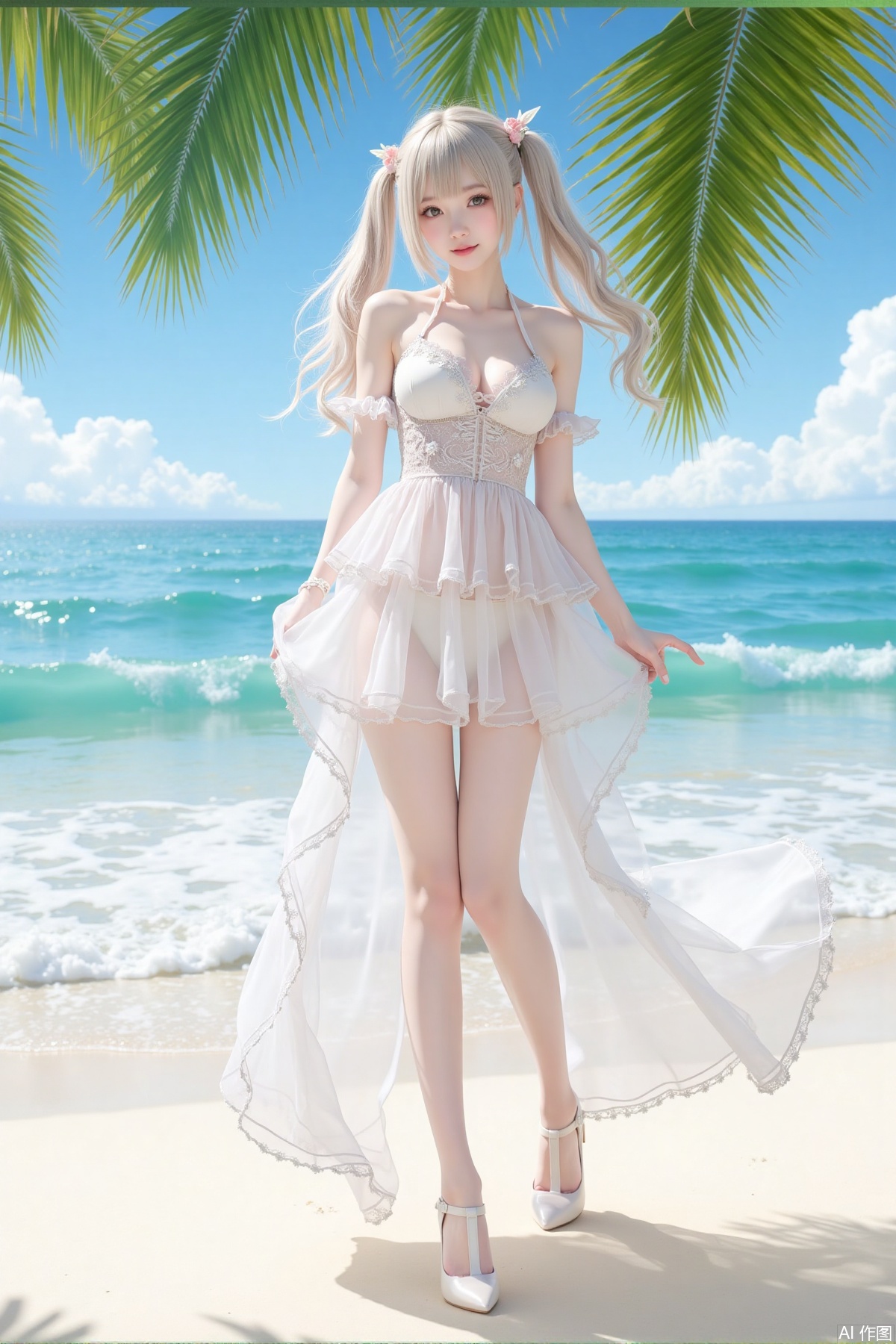 Realistic photo, one young woman, twintails, fair skin, big breast, transparent triple layered dress, long legs, high heels, full body, waves, beach, coconut trees,