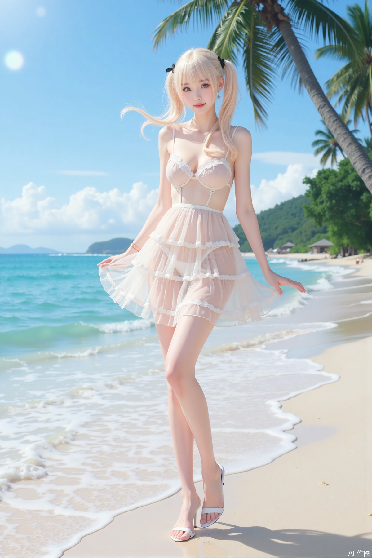Realistic photo, one young woman, twintails, fair skin, big breast, transparent triple layered dress, long legs, high heels, full body, waves, beach, coconut trees,
