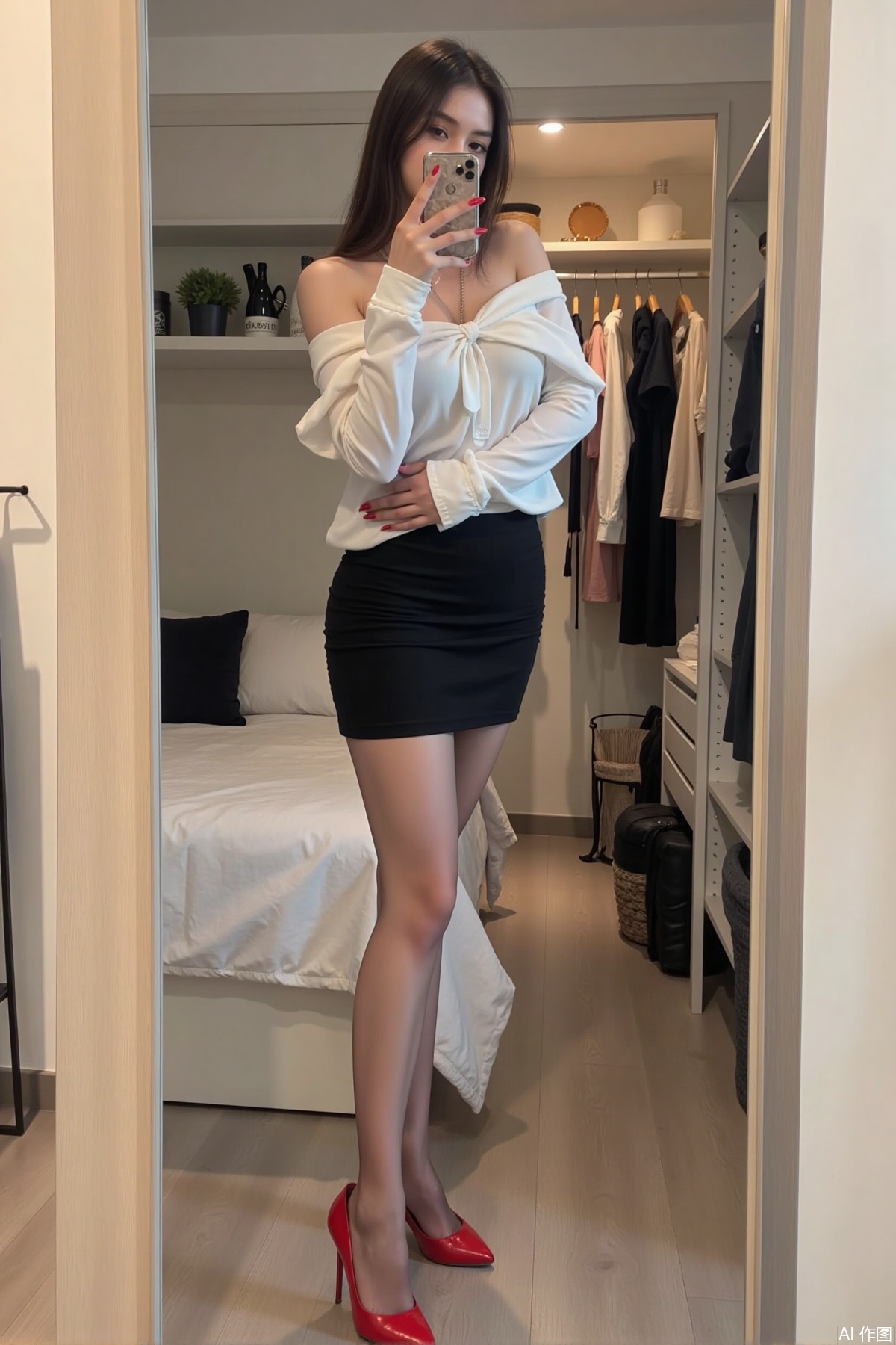 Realistic photo, one young woman, long hair, fair skin, big breasts, off shoulder shirt, pencil skirt, stockings, long legs, red high heels, full body, take a selfie in front of the mirror, bedroom, closet