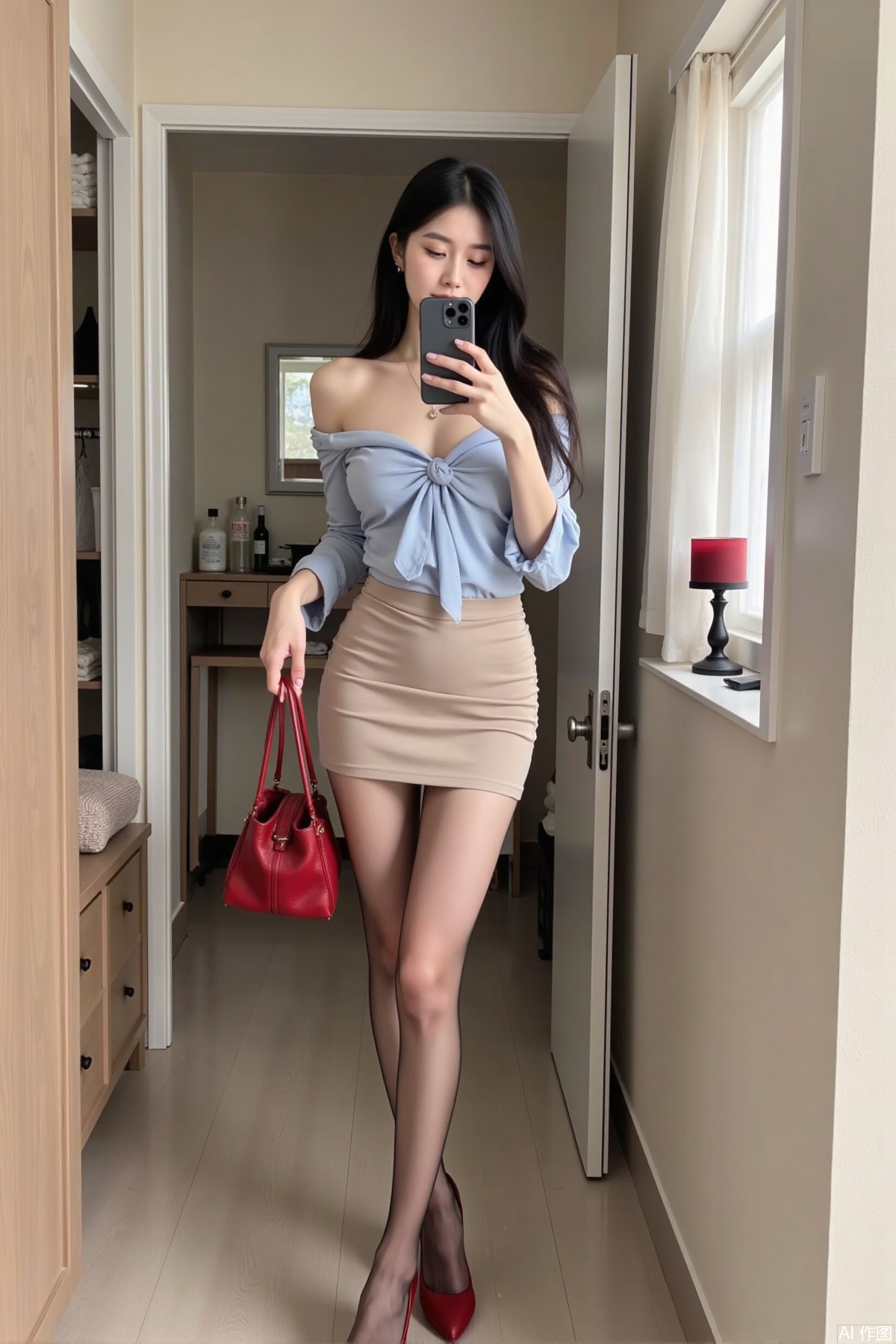 Realistic photo, one young woman, long hair, fair skin, big breasts, off shoulder shirt, pencil skirt, stockings, long legs, red high heels, full body, squate, take a selfie in front of the mirror, bedroom, closet