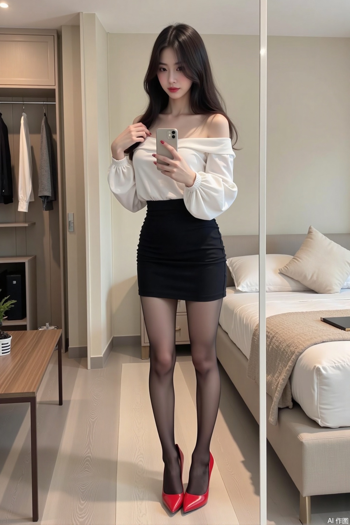Realistic photo, one young woman, long hair, fair skin, big breasts, off shoulder shirt, pencil skirt, stockings, long legs, red high heels, full body, squate, take a selfie in front of the mirror, bedroom, closet