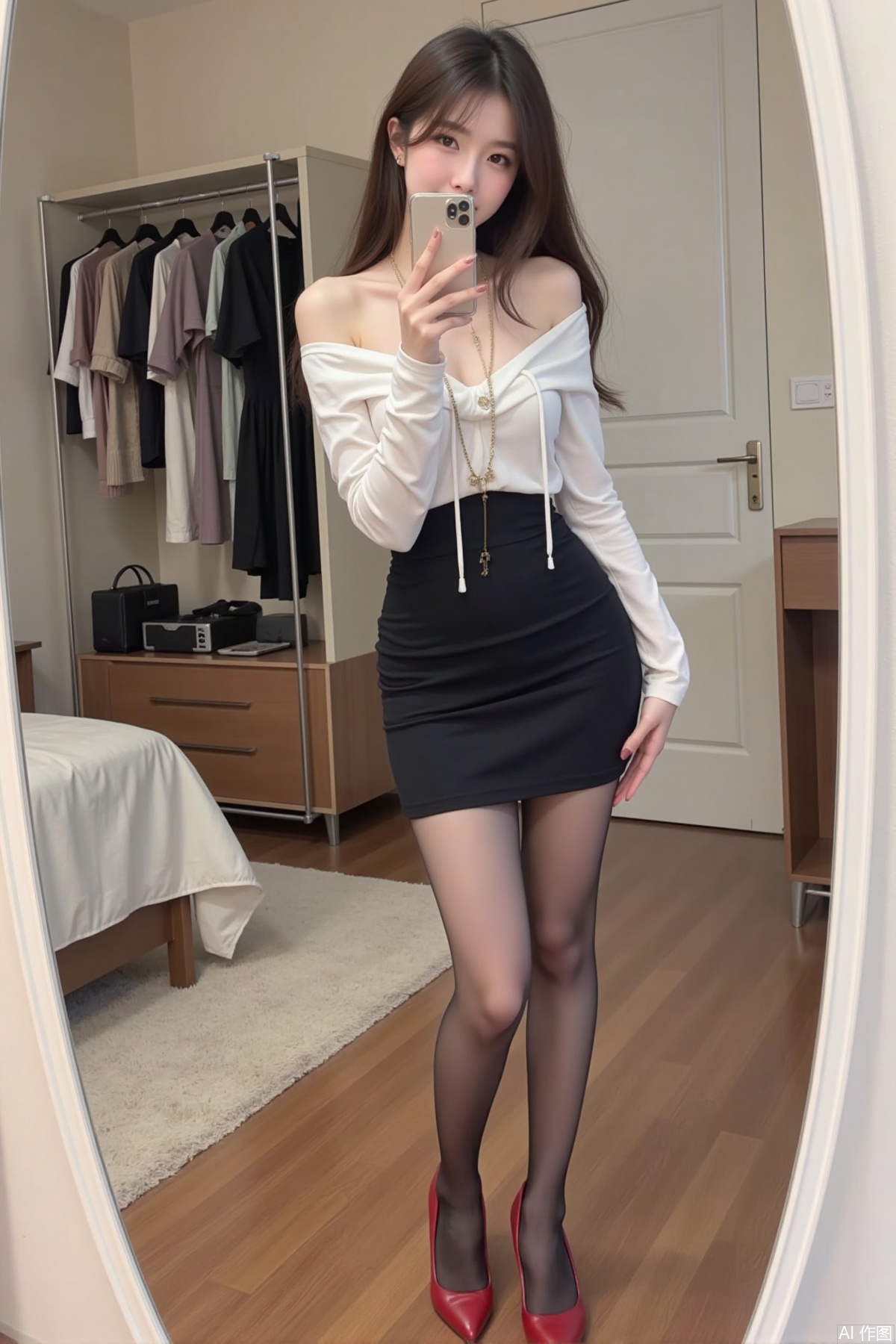 Realistic photo, one young woman, long hair, fair skin, big breasts, off shoulder shirt, pencil skirt, stockings, long legs, red high heels, full body, take a selfie in front of the mirror, bedroom, closet