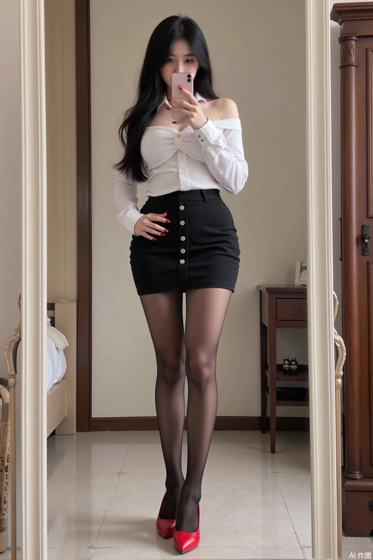Realistic photo, one young woman, long hair, fair skin, big breasts, off shoulder shirt, pencil skirt, stockings, long legs, red high heels, full body, take a selfie in front of the mirror, bedroom, closet