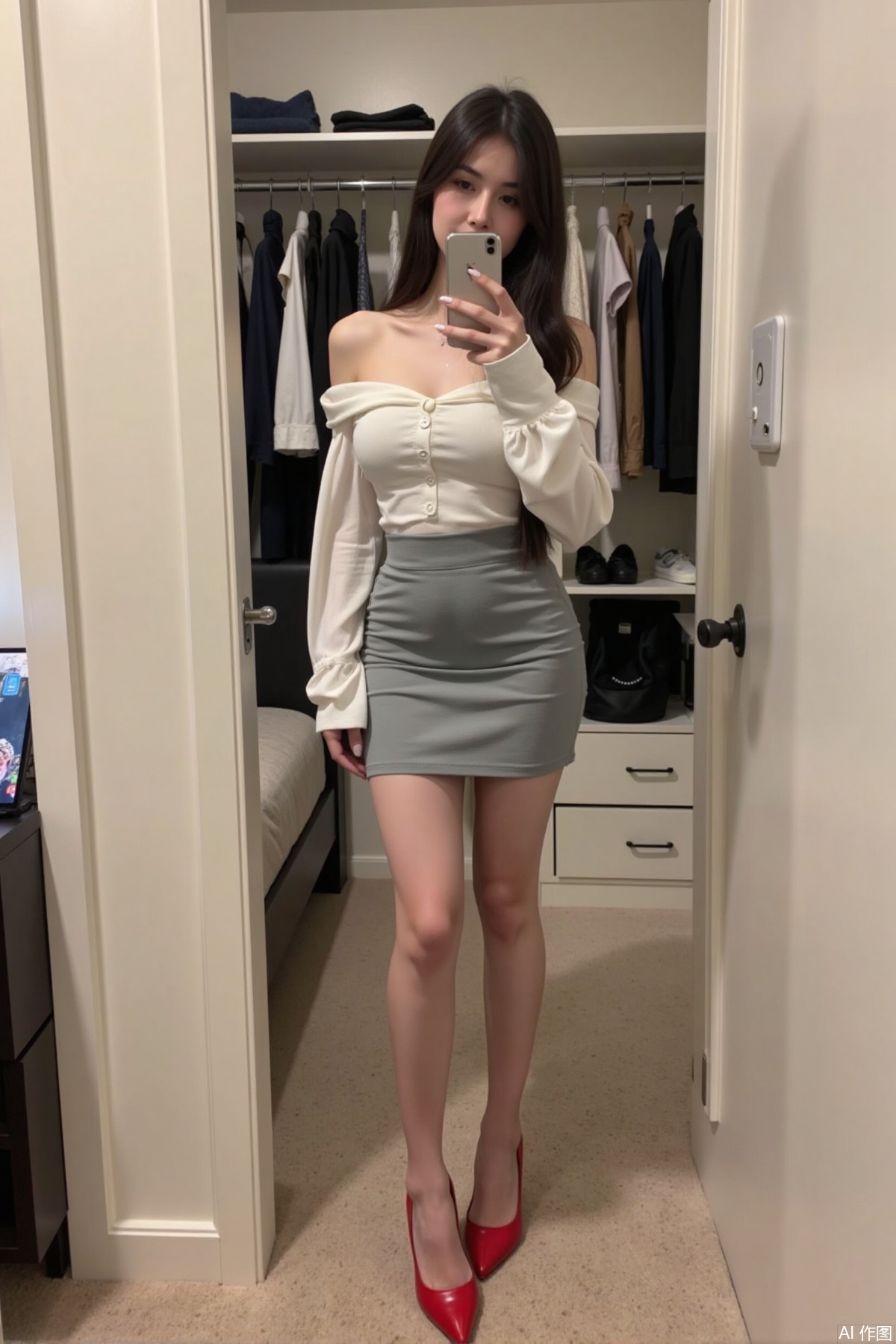 Realistic photo, one young woman, long hair, fair skin, big breasts, off shoulder shirt, pencil skirt, stockings, long legs, red high heels, full body, squate, take a selfie in front of the mirror, bedroom, closet