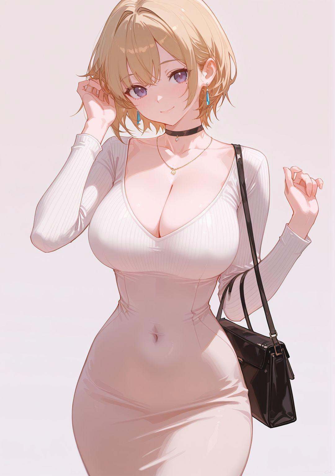 highres,extremely detailed 8k wallpaper,illustration,depth of field,great quality,masterpiece,best quality,amazing quality,very aesthetic,absurdres,detail eyes,chosen_style_1,artist:ciloranko BREAKcurvy,(narrow waist:1.1),<lora:chosen_style_1:0.8>, -1girl, breasts, solo, jewelry, dress, cleavage, large breasts, bag, blonde hair, earrings, white background, handbag, choker, looking at viewer, simple background, necklace, smile, covered navel, collarbone, black choker, short hair, bangs, sweater, closed mouth, long sleeves, white dress, hand up, cowboy shot, white sweater, blush, purple eyes, shoulder bag, mole