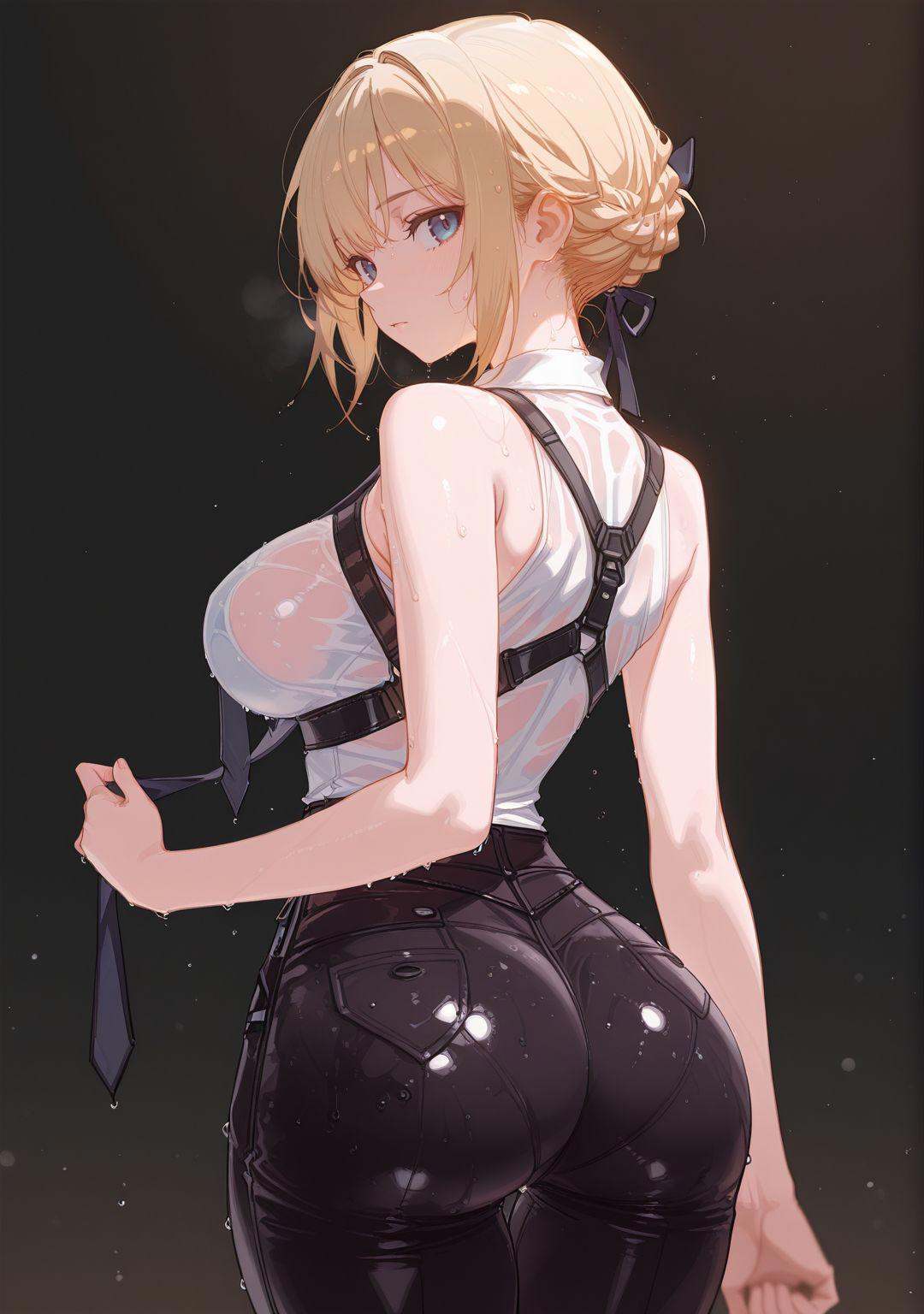 highres,extremely detailed 8k wallpaper,illustration,depth of field,great quality,masterpiece,best quality,amazing quality,very aesthetic,absurdres,detail eyes,chosen_style_1,artist:ciloranko BREAKcurvy,(narrow waist:1.1),<lora:chosen_style_1:0.8>, -1girl, breasts, solo, ass, looking at viewer, large breasts, blonde hair, wet, bangs, braid, black background, bare shoulders, blue eyes, shirt, necktie, simple background, harness, sleeveless, shiny clothes, pants, wet clothes, looking back, black pants, shiny, white shirt, purple eyes, short hair, cowboy shot