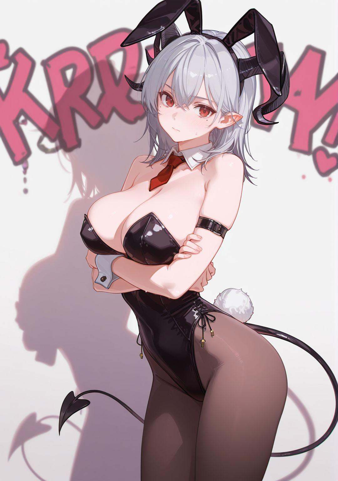 highres,extremely detailed 8k wallpaper,illustration,depth of field,great quality,masterpiece,best quality,amazing quality,very aesthetic,absurdres,detail eyes,chosen_style_1,artist:ciloranko BREAKcurvy,(narrow waist:1.1),<lora:chosen_style_1:0.8>, -1girl, solo, breasts, tail, horns, pantyhose, playboy bunny, leotard, looking at viewer, large breasts, necktie, white background, wrist cuffs, simple background, bare shoulders, grey hair, cleavage, arm strap, cowboy shot, black leotard, detached collar, crossed arms, red eyes, arms under breasts, red necktie, highleg, demon tail, strapless leotard, demon horns, long hair, closed mouth, fake tail, animal ears, fake animal ears, hair between eyes, rabbit tail, medium hair, rabbit ears, thighs, demon girl, mole, highleg leotard, hairband, strapless