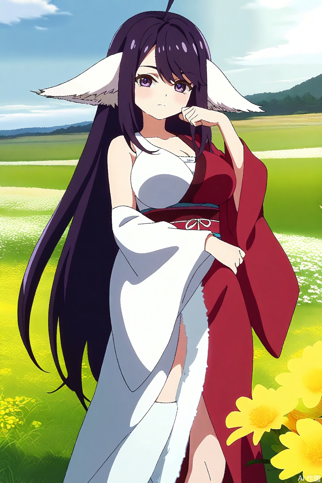 1girl, solo, long hair, breasts, large breasts, animal ears, purple eyes, purple hair, japanese clothes, kimono, sash, Fox ears,masterpiece,best quality,official art,extremely detailed CG unity 8k wallpaper,,Thigh exposed,thighhighs,looking at viewer,in a meadow,