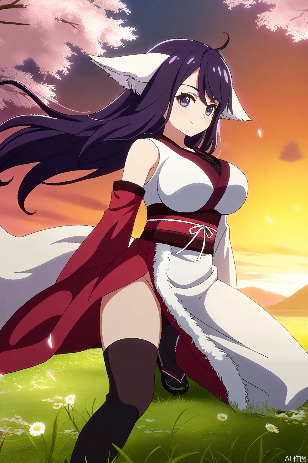 1girl, solo, long hair, breasts, large breasts, animal ears, purple eyes, purple hair, japanese clothes, kimono, sash, Fox ears,masterpiece,best quality,official art,extremely detailed CG unity 8k wallpaper,,Thigh exposed,thighhighs,looking at viewer,in a meadow,