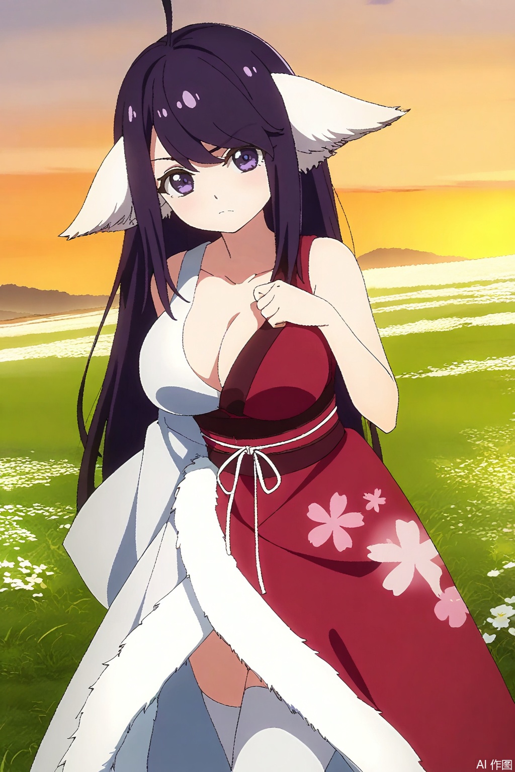 1girl, solo, long hair, breasts, large breasts, animal ears, purple eyes, purple hair, japanese clothes, kimono, sash, Fox ears,masterpiece,best quality,official art,extremely detailed CG unity 8k wallpaper,,Thigh exposed,thighhighs,looking at viewer,in a meadow,