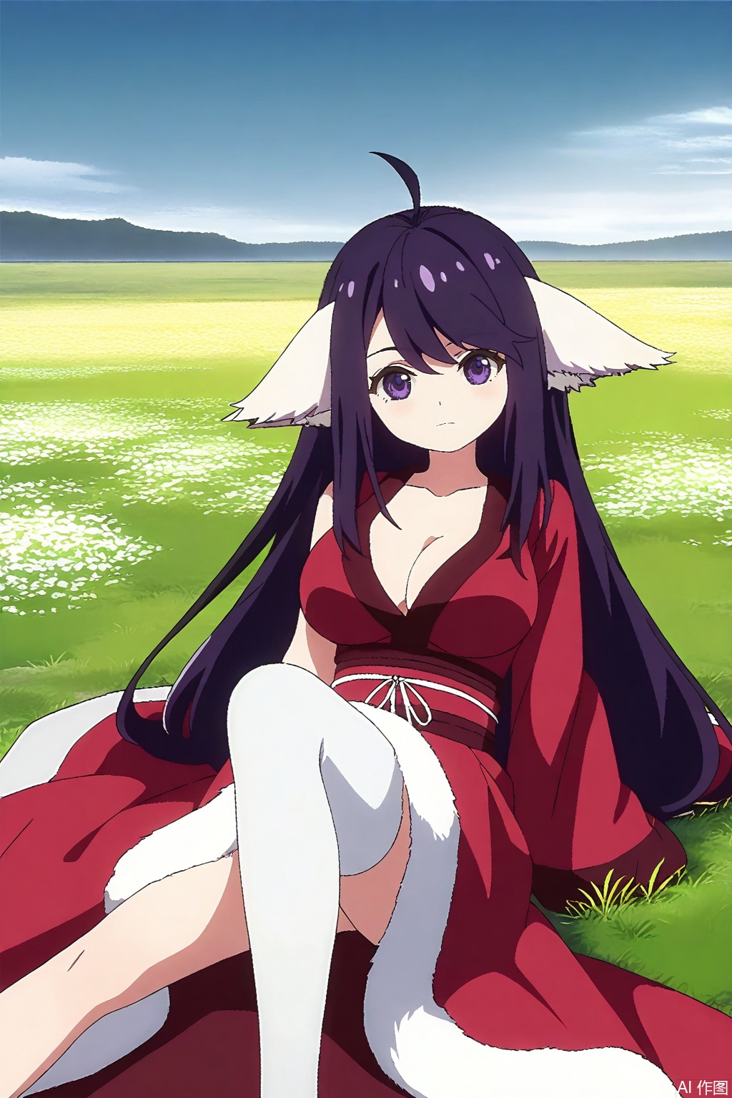 1girl, solo, long hair, breasts, large breasts, animal ears, purple eyes, purple hair, japanese clothes, kimono, sash, Fox ears,masterpiece,best quality,official art,extremely detailed CG unity 8k wallpaper,,Thigh exposed,thighhighs,looking at viewer,in a meadow,