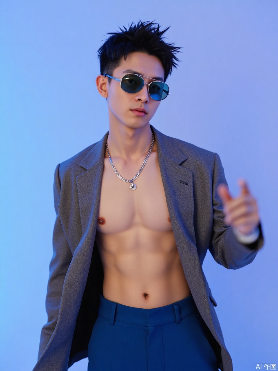 photo, A young Asian dude with short, spiky black hair,shirtless,blue pants, rocks some reflective aviator shades. He's got light brown skin and a chill vibe, wearing a grey textured blazer and a silver chain necklace. The backdrop is a smooth gradient from blue to purple, giving off a futuristic feel.

,Fujicolor GFX100 II 80mm f/4.5,film photo, background blurred,photography,realistic,film texture,real human skin,Fuji camera,