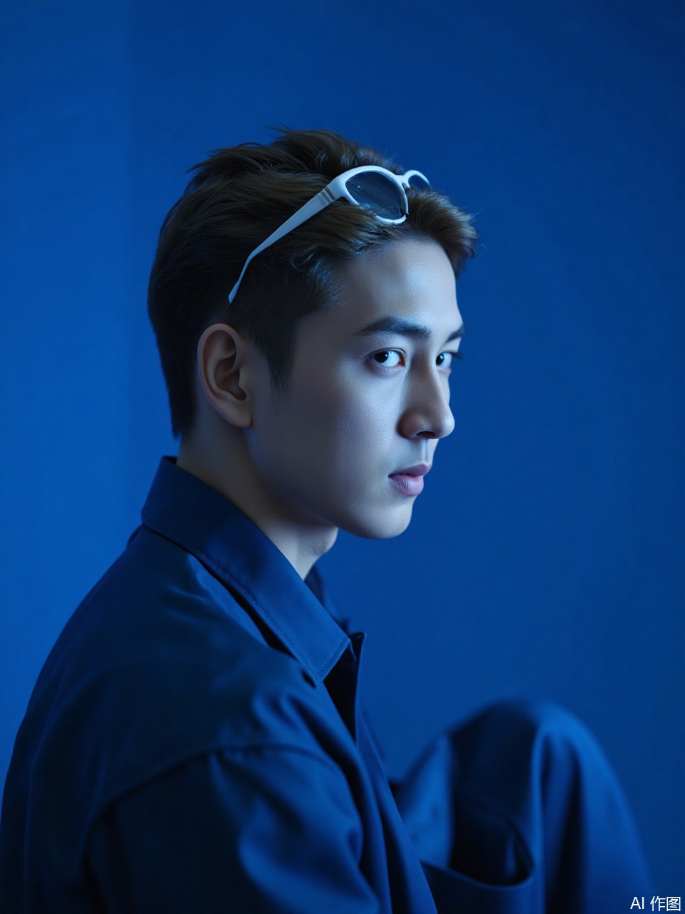photo, A young Asian dude with slicked-back light brown hair, rocking a blue Workwear jumpsuit. He's got a chill vibe, with a pair of sunglasses chilling on his head. The dim background is a cool royal blue, giving off a futuristic feel. The lighting's soft, making him look pretty damn striking.(photography motion blur:1.1)
,Fujicolor GFX100 II 80mm f/4.5,film photo, background blurred,photography,realistic,film texture,real human skin,Fuji camera,