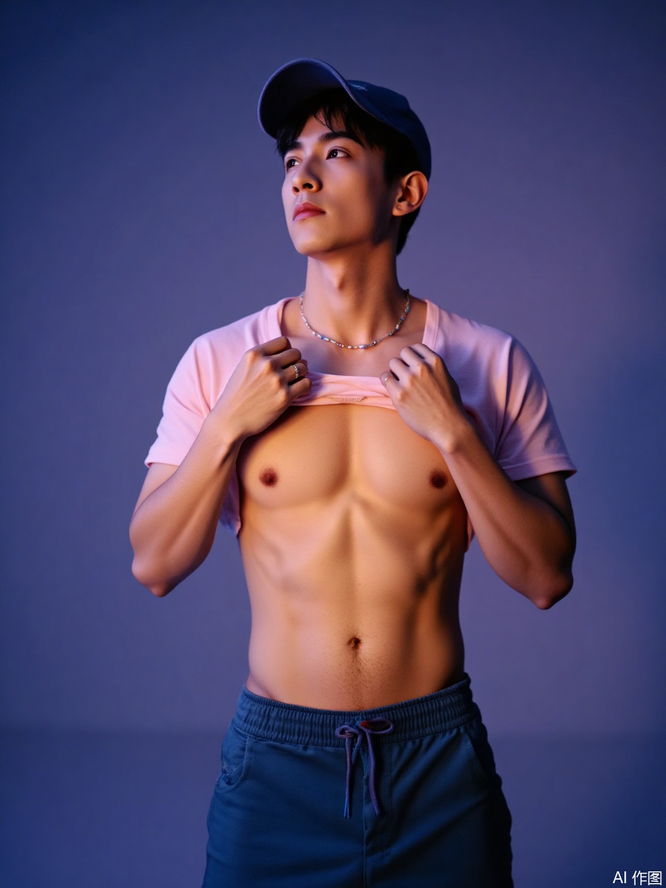 photo, A ripped Asian dude with short, dark hair and a lean bod is lifting his pink shirt to flaunt his abs. He's rocking blue shorts, a blue hat, and a serious look. The dim background is a plain, purple, making him the center of attention.
,Fujicolor GFX100 II 80mm f/4.5,film photo, background blurred,photography,realistic,film texture,real human skin,Fuji camera,