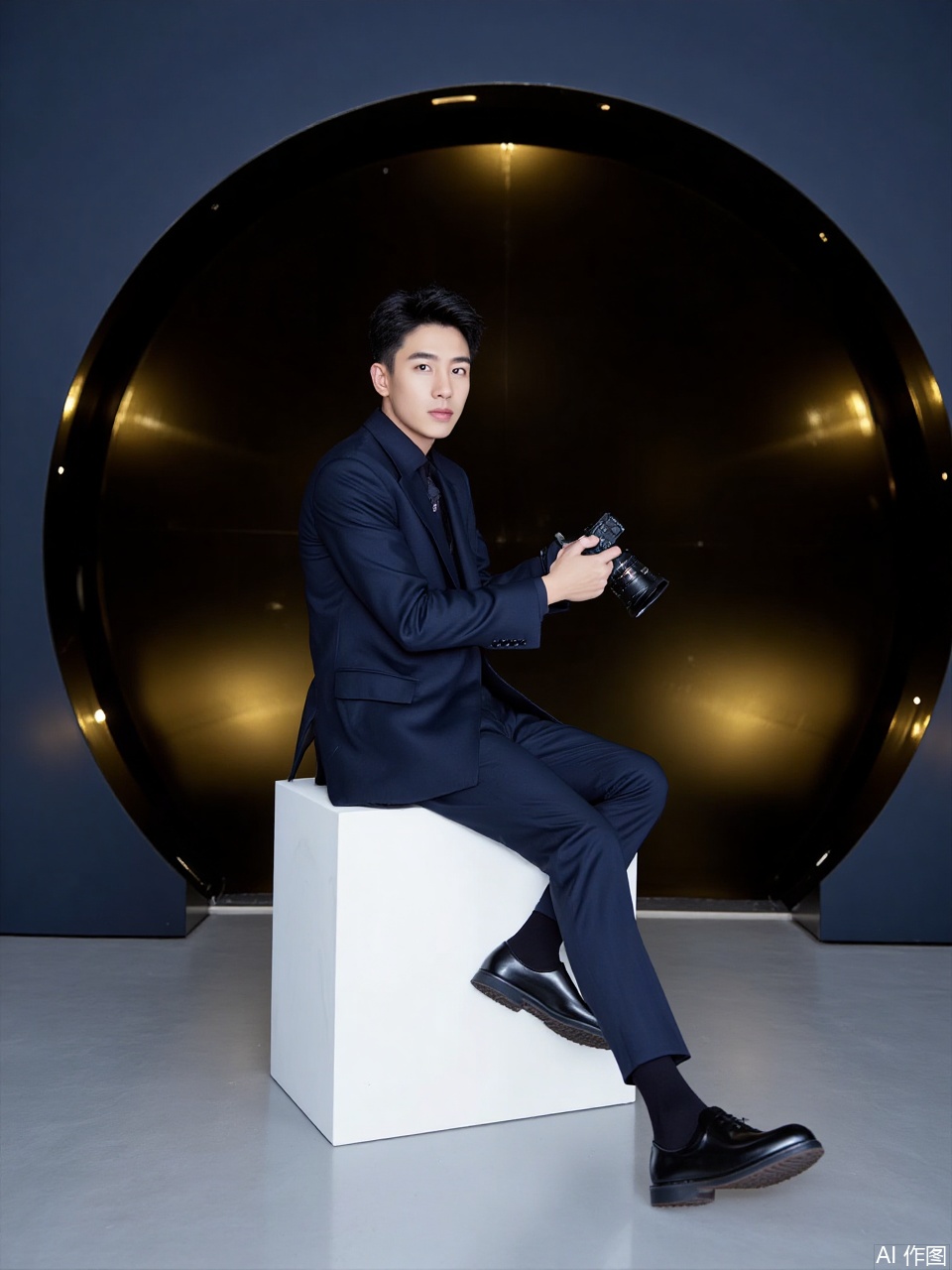 photo, Young Asian dude with short, slicked-back black hair, rocking a navy blue suit and black shoes. He's chilling on a white cube, clutching a camera, and staring straight at the camera. Behind him, there's a massive, shiny golden black circle with a futuristic vibe.dim background.

,Fujicolor GFX100 II 80mm f/4.5,film photo, background blurred,photography,realistic,film texture,real human skin,Fuji camera,