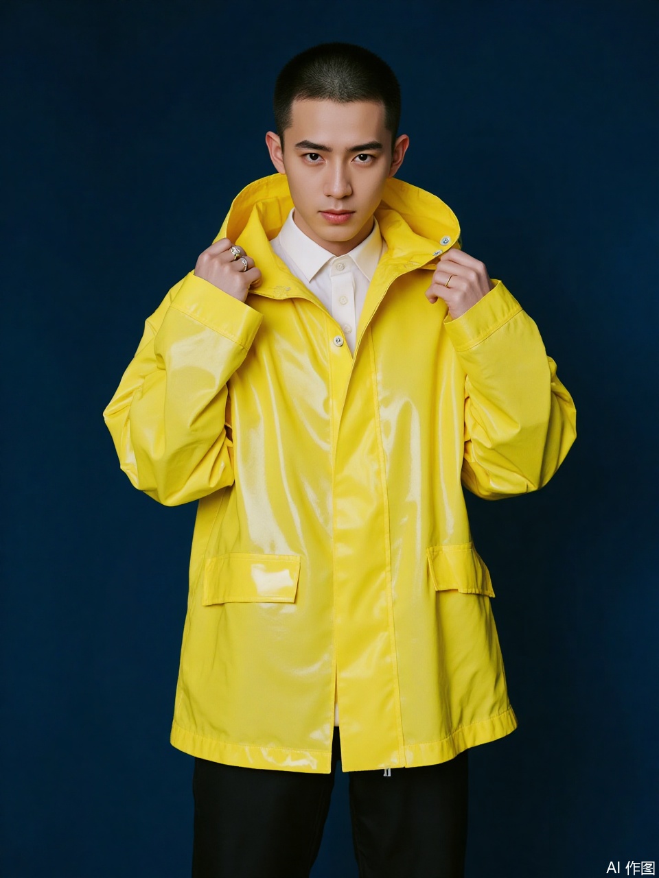 photo, A young Asian dude with buzz cut,A cold expression, dark hair rocks a Smooth semi transparent bright yellow raincoat over a white shirt and black pants. He's striking a fashion pose against a plain, navy blue backdrop, giving off a cool and modern vibe. His expression is intense and focused..
,Fujicolor GFX100 II 80mm f/4.5,film photo, background blurred,photography,realistic,film texture,real human skin,Fuji camera,