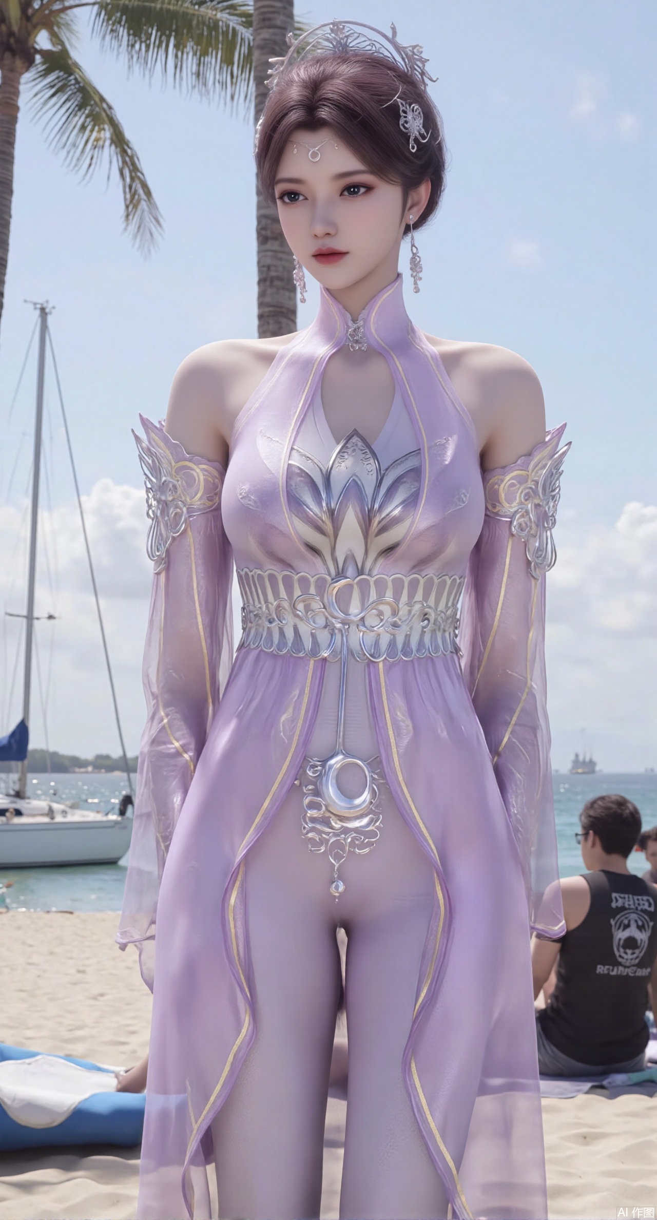 SFW,(masterpiece:1.2),best quality,absurdres,masterpiece,original,extremely detailed wallpaper,perfect lighting,1girl,solo,looking at viewer,(cowboy_shot:1.3),long hair,high heels,blurry background,depth of field,motion blur,(long dress:1.23),crystal_earrings,headpiece,hair_tie,chest_jewel,gem,necklace,jewelry,in summer,day,outdoors,nature,(standing,Seaside, beach, sailboat, coconut trees:1.59),(huge breasts:2.99),(full breasts:2.99),,large natural breast,soft breasts,,XyunyunXY,Xmeining,Xjiangziyue,Xweinina,Xyunxiao