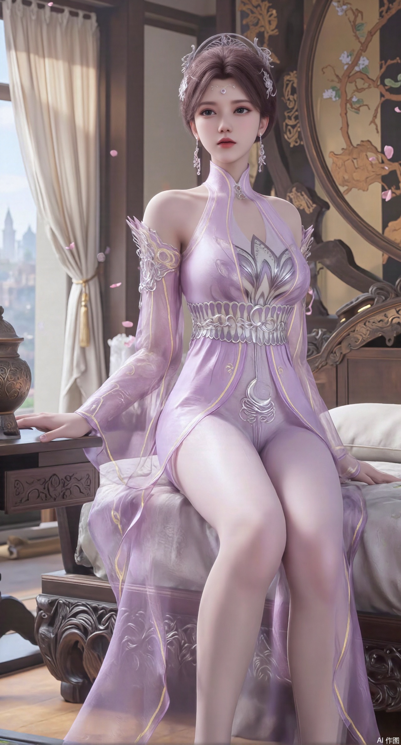  (masterpiece, best quality:1.2),Ancient Chinese boudoir scene, Hanfu dress ,sitting sideways on an intricately carved wooden bed, soft natural light filtering through sheer silk curtains, satin bedding with delicate sheen, detailed traditional Chinese Gongbi painting style, subtle celadon color palette, background featuring vintage dressing table and embroidered screen, falling plum blossom petals near window and wispy smoke from bronze incense burner, 8K resolution with intricate fabric draping and wood grain textures,,(huge breasts:2.99),(full breasts:2.99),,XyunyunXY,Xmeining,Xjiangziyue,Xweinina,Xyunxiao