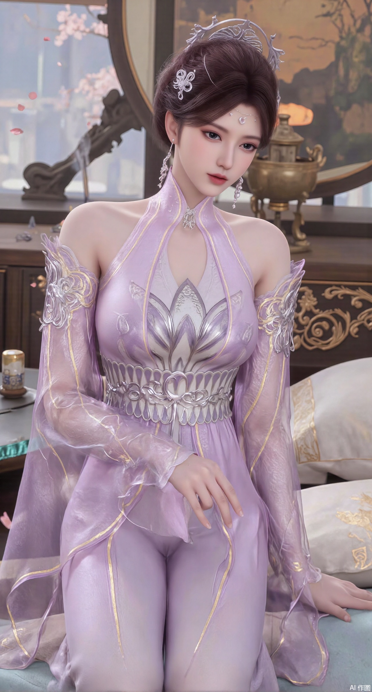  (masterpiece, best quality:1.2),Ancient Chinese boudoir scene, Hanfu dress ,sitting sideways on an intricately carved wooden bed, soft natural light filtering through sheer silk curtains, satin bedding with delicate sheen, detailed traditional Chinese Gongbi painting style, subtle celadon color palette, background featuring vintage dressing table and embroidered screen, falling plum blossom petals near window and wispy smoke from bronze incense burner, 8K resolution with intricate fabric draping and wood grain textures,,(huge breasts:2.99),(full breasts:2.99),,XyunyunXY,Xmeining,Xjiangziyue,Xweinina,Xyunxiao