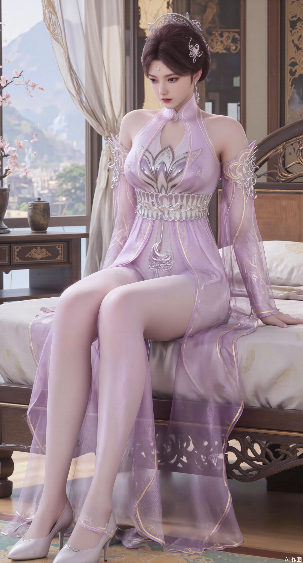  (masterpiece, best quality:1.2),Ancient Chinese boudoir scene, Hanfu dress ,sitting sideways on an intricately carved wooden bed, soft natural light filtering through sheer silk curtains, satin bedding with delicate sheen, detailed traditional Chinese Gongbi painting style, subtle celadon color palette, background featuring vintage dressing table and embroidered screen, falling plum blossom petals near window and wispy smoke from bronze incense burner, 8K resolution with intricate fabric draping and wood grain textures,,(huge breasts:2.99),(full breasts:2.99),,XyunyunXY,Xmeining,Xjiangziyue,Xweinina,Xyunxiao