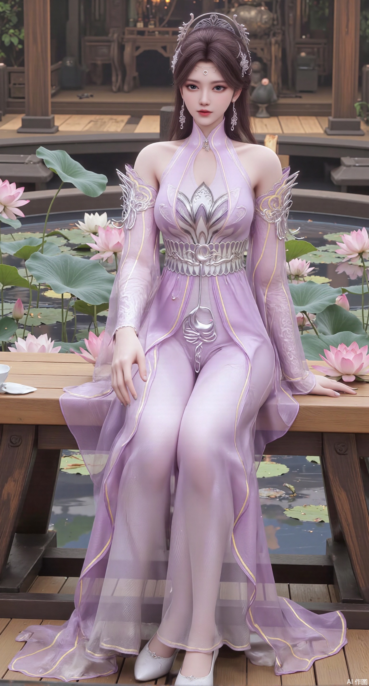 SFW,(masterpiece:1.2),best quality,The image is a digital illustration of a young woman sitting on a wooden bench in a pond with lily pads. She is wearing a long dress with design on the chest and sleeves. The dress has a high neckline and short sleeves,Holding a lotus in hand. She has long dark hair styled in loose waves and is wearing gold high heels. The woman is posing with one hand on her hip and the other resting on the edge of the bench. The background is filled with pink and white lotus flowers and green leaves. The overall mood of the image is peaceful and serene,(huge breasts:2.99),(full breasts:2.99),(Background with traditional Chinese architecture, lotus pond and pink lotus flowers:1.39),,Xanmiaoyi,Xyunwangshu,XlishaoyinY,Xbaixue,XanmiaoyiY,Xxiuqiuhua,XbaiyuerongY,XyunyunX,XqingnvzongZM,Xjuzi,Xshangguanweier,XanmiaoyiXY,XyunyunXY,Xjiangziyue,Xmeining,Xweinina