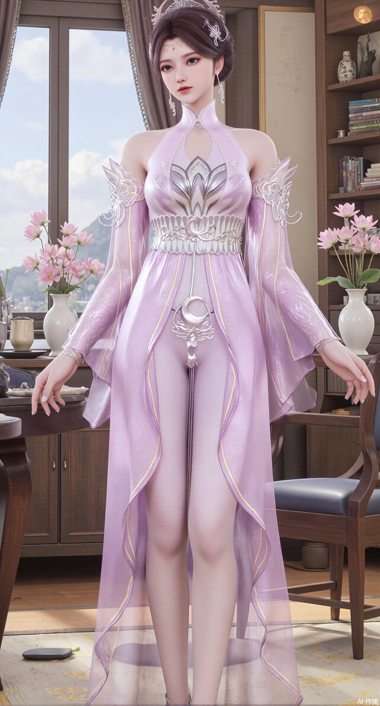 SFW,(masterpiece:1.2),best quality,Ultra clear, wallpaper, 8k, masterpiece, 1girl, solo, long hair, breasts, looking at viewer, bangs, large breasts,long dress,, bare shoulders, jewelry, black hair, standing, purple eyes, full body, flower, thighs, indoors, hair bun, long dress, high heels, cup, see-through, book, bare legs, window, table, white footwear, standing on one leg, curtains, pink flower, side slit, vase, ,(huge breasts:2.99),(full breasts:2.99),(pink lotus flowers:1.39),,Xanmiaoyi,Xyunwangshu,XlishaoyinY,Xbaixue,XanmiaoyiY,Xxiuqiuhua,XbaiyuerongY,XyunyunX,XqingnvzongZM,Xjuzi,Xshangguanweier,XanmiaoyiXY,XyunyunXY,Xjiangziyue,Xmeining,Xweinina