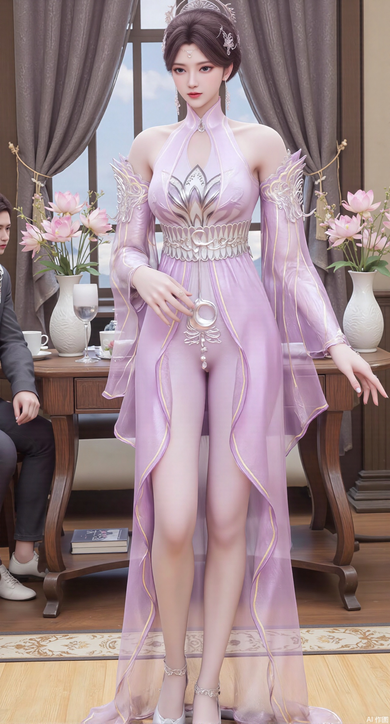 SFW,(masterpiece:1.2),best quality,Ultra clear, wallpaper, 8k, masterpiece, 1girl, solo, long hair, breasts, looking at viewer, bangs, large breasts,long dress,, bare shoulders, jewelry, black hair, standing, purple eyes, full body, flower, thighs, indoors, hair bun, long dress, high heels, cup, see-through, book, bare legs, window, table, white footwear, standing on one leg, curtains, pink flower, side slit, vase, ,(huge breasts:2.99),(full breasts:2.99),(pink lotus flowers:1.39),,Xanmiaoyi,Xyunwangshu,XlishaoyinY,Xbaixue,XanmiaoyiY,Xxiuqiuhua,XbaiyuerongY,XyunyunX,XqingnvzongZM,Xjuzi,Xshangguanweier,XanmiaoyiXY,XyunyunXY,Xjiangziyue,Xmeining,Xweinina
